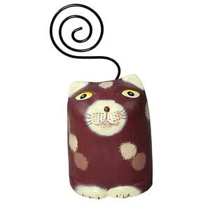 Cat Carved Wood Pier 1 Folk Art Photo Recipe Note Card Holder Metal Curly Tail
